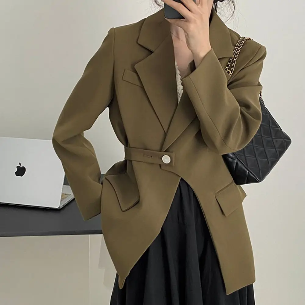 2023 New Spring Fashion Women's Blazer Notched Loose Single Button Long Sleeve Lace Up Waist Suit Jackets Slim Office Lady Coat