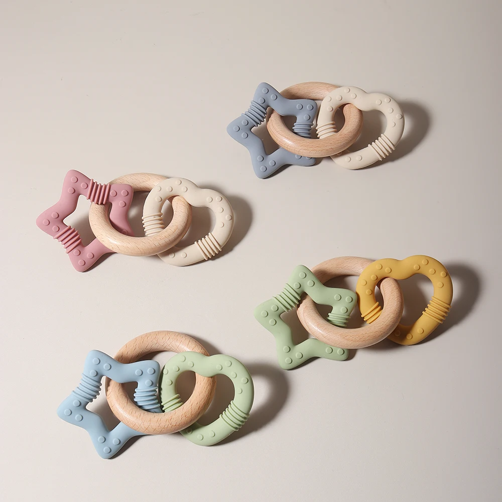 Силиконовый Прорезыватель для зубов в форме звезды и сердца с деревянным