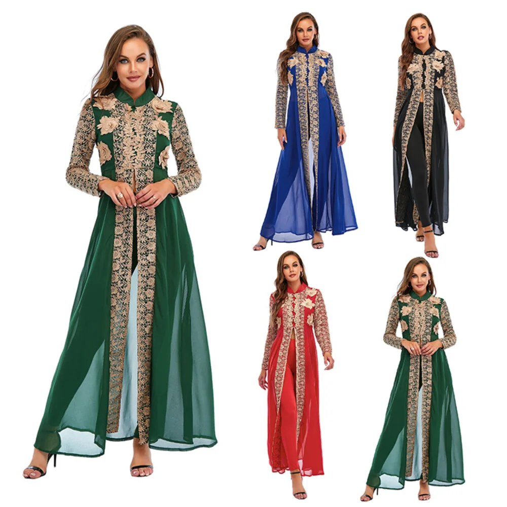 Chiffon Stand Neck Dress Lace Long Sleeve Robe and Pants Muslim Set Fashion Two Pieces Robes Islamic Clothing Muslimischen Sets