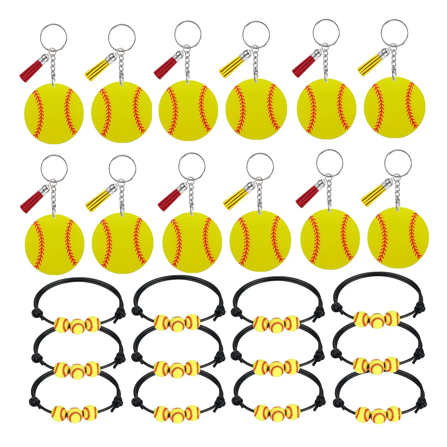 

12 Pcs Softball Acrylic Keychains and 12 Pcs Softball Bracelets for Sportsmen Team School Souvenir Party, Baseball Gift