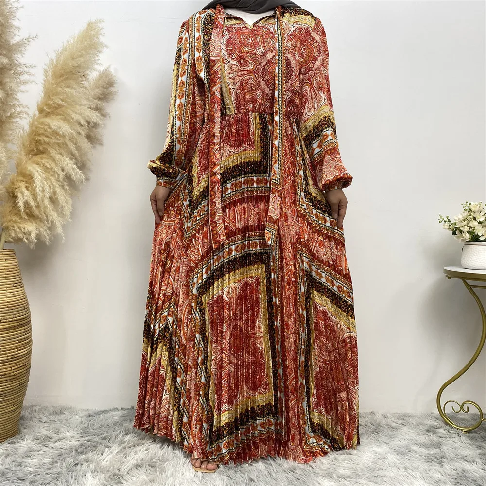 

Женское атласное платье с новейшим принтом, элегантная плиссированная мусульманская одежда для женщин, платья для мужчин