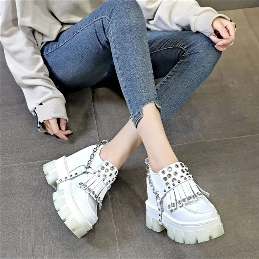 Height Increasing Punk Pumps Women's Cow Leather Round Toe Ankle Boots Tassel Rivets Buckle High Heels Creeper Oxfords Party Sho