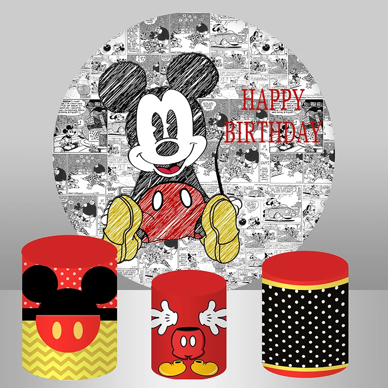 

Retro Comic Mickey Mouse Round Backdrop for Boys Baby Shower 1st Birthday Party Circle Background Dessert Table Plinth Covers