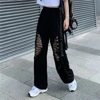 womens trousers high waist wide leg pants summer thin xl loose hollow out womens sports casual black pants