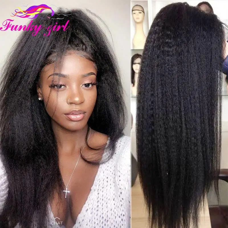 Funky Girl Brazilian Yaki 13X4 Lace Front Human Hair Wig Kinky Straight T Part Lace Front Wig For Women 4X4 Remy Human Hair Wigs