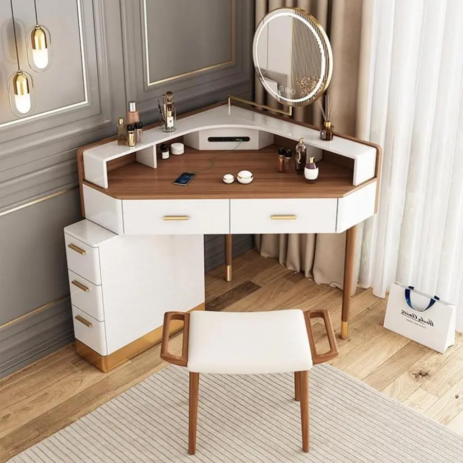 Classical Modern Corner Makeup Vanity Table with LED Lighted Mirror ...