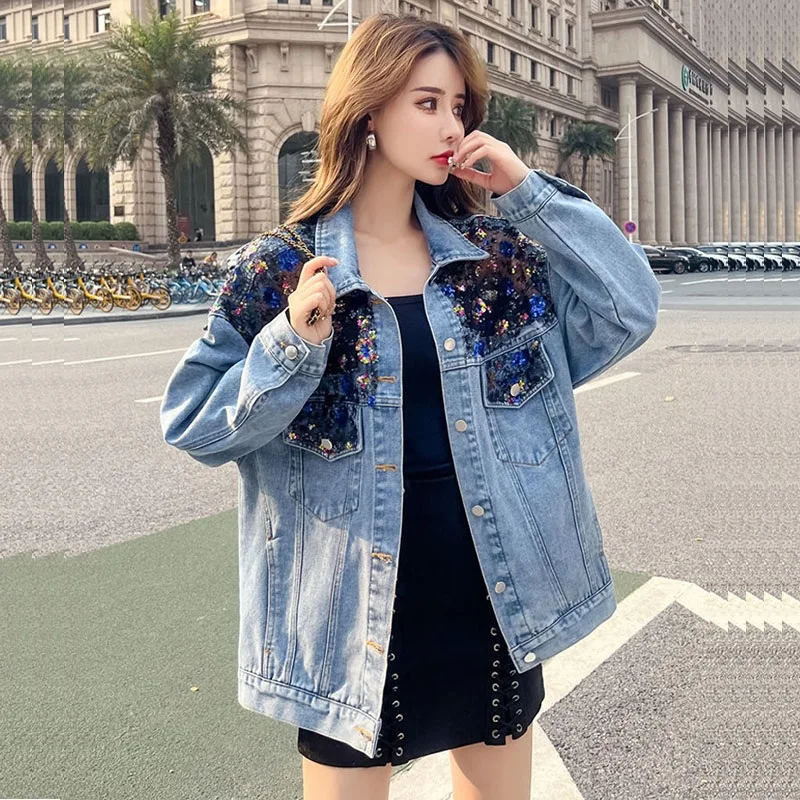 

Harajuku Vintage Hollow Out Sequined Mesh Stitching Denim Jacket Spring Women Casual Lapel Long Sleeve Jeans Jacket Coat Female