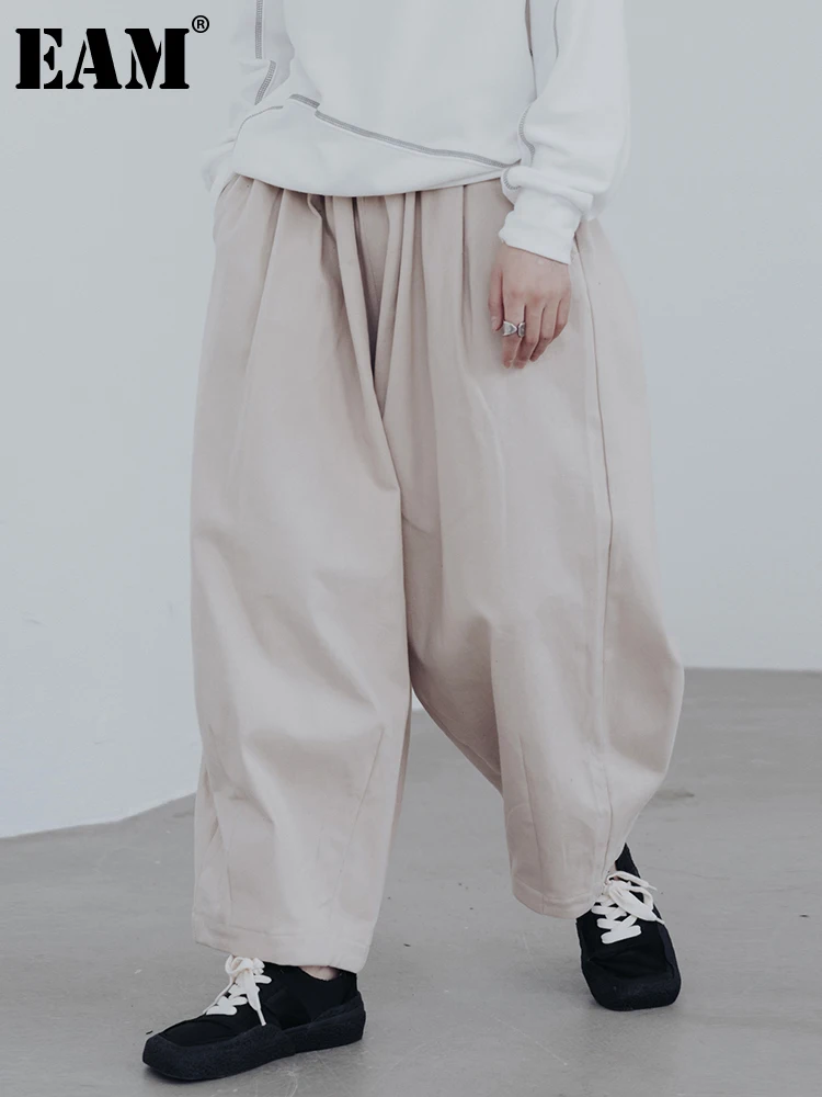 

[EAM] High Elastic Waist Apricot Thick Long Wide Leg Pants New Loose Fit Trousers Women Fashion Tide Spring Autumn 2022 1DF0724