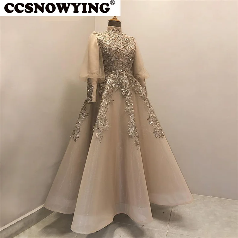 

Organza Long Sleeve Muslim Evening Dresses Islamic Hijab Formal Party Gowns Women Appliques Arabic Kaftan Robes De Soirée
