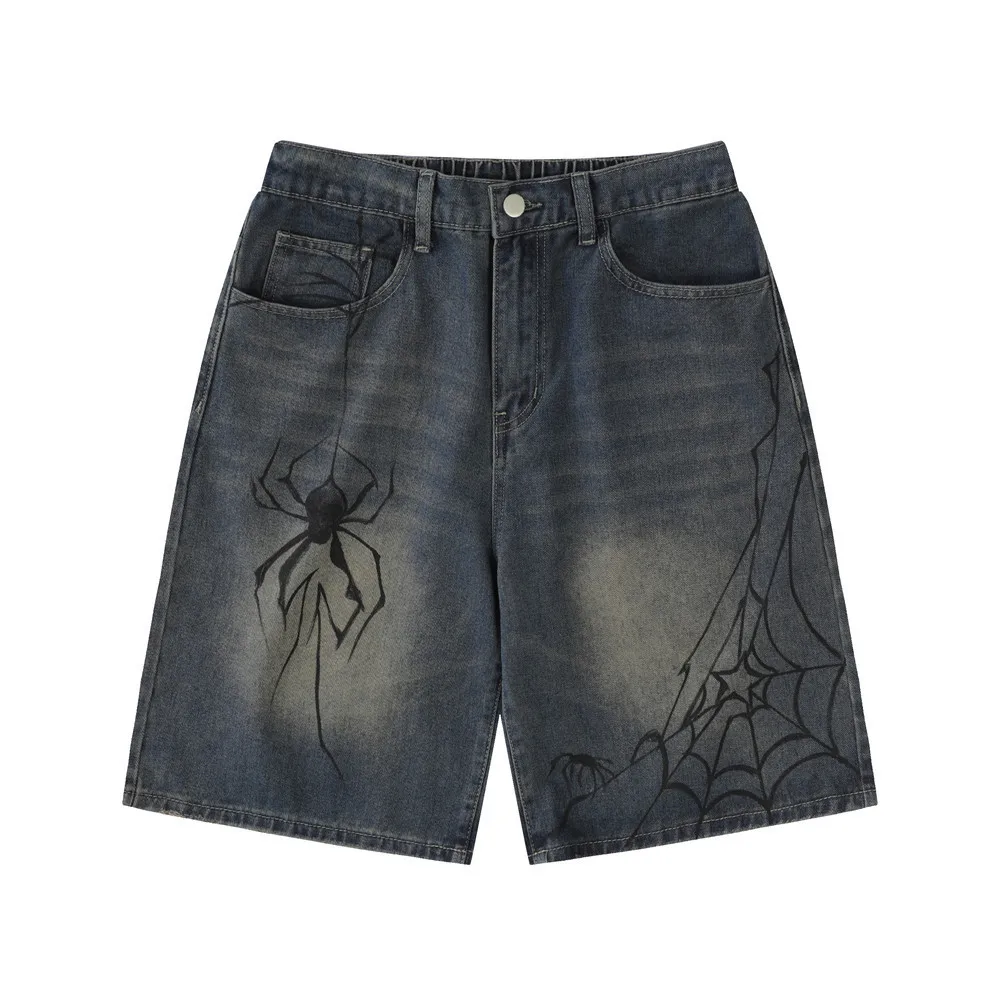

Retro Personalized Spider Print Denim Shorts American Street Mens Loose Casual Washed Straight Five Point Y2k Jeans Pants