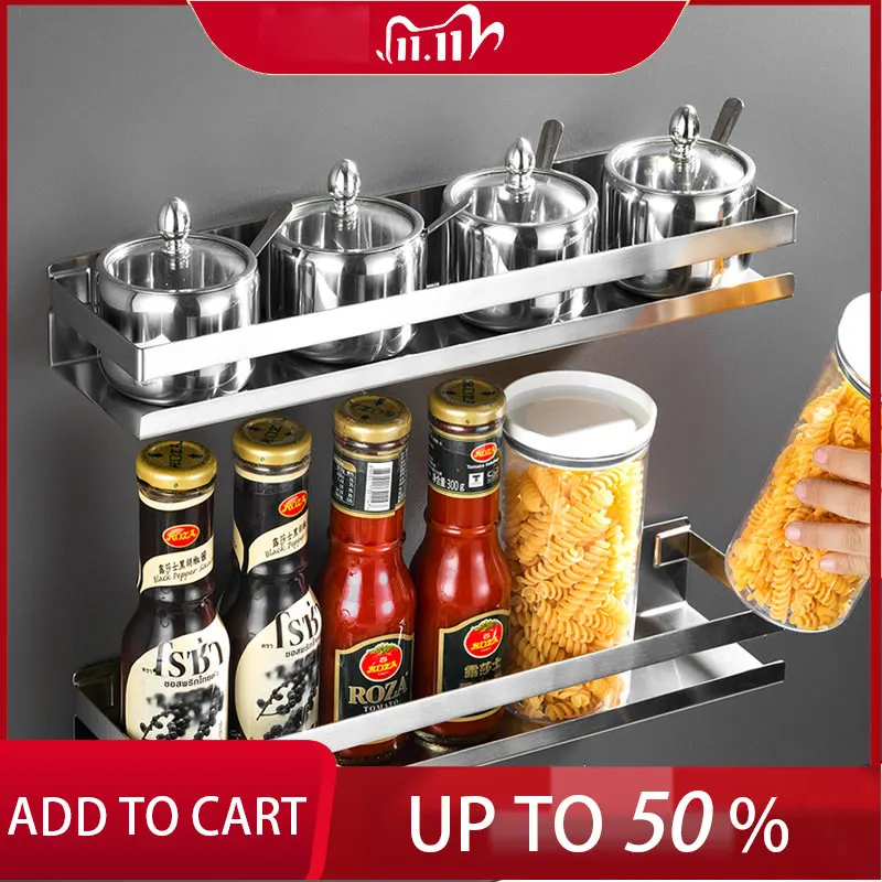 

Wall Mounted Kitchen Shelf Organizer Bracket Storage Rack Stainless Steel Spice Jar Rack Cabinet Shelf Supplies Bathroom Rack