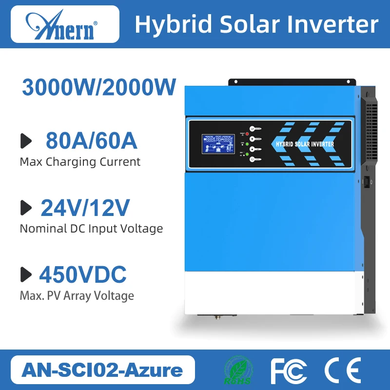 Anern 3.2KW 2KW Hybrid Solar Inverter 24V/12V 230V Pure Sine Wave  Off Grid Inverter with 80A MPPT Solar Controller Support WIFI