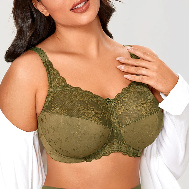 Sexy Women's Comfortable Wireless Lace Bra Unlined Full Coverage Floral Mesh Underwear 36 38 40 42 44 C D DD E F G Solid Black