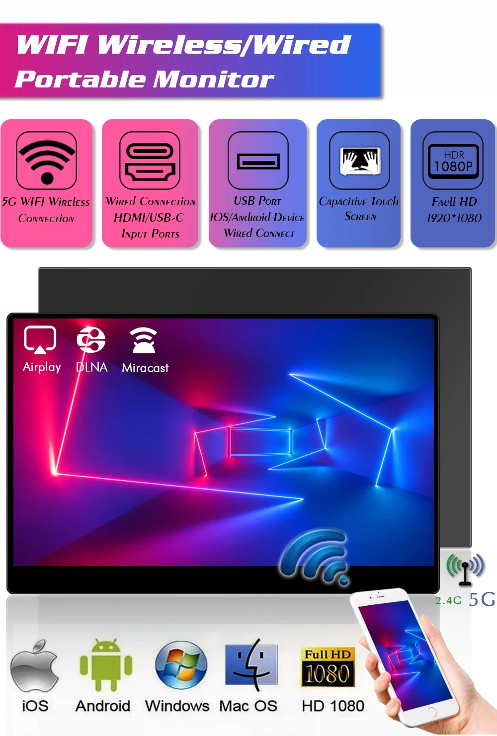 Sibolan 15 6-дюймовый 1080p Miracast Wi-Fi портативный экран для мобильных телефонов I&ampphone M&ampac