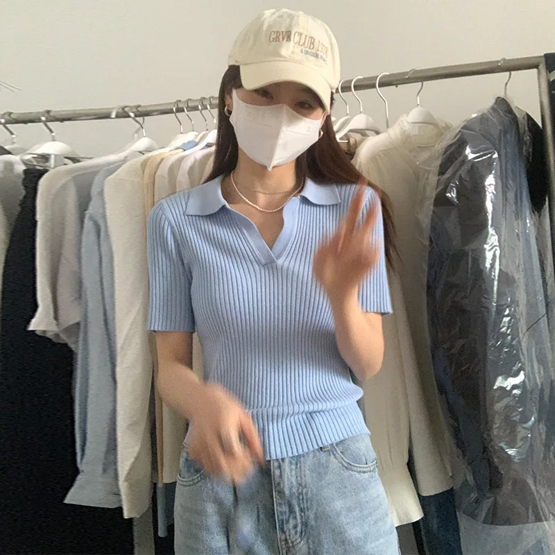 

2022 NEW FASHION WOMEN Summer casual solid color short-sleeved all-match lapel T-shirt
