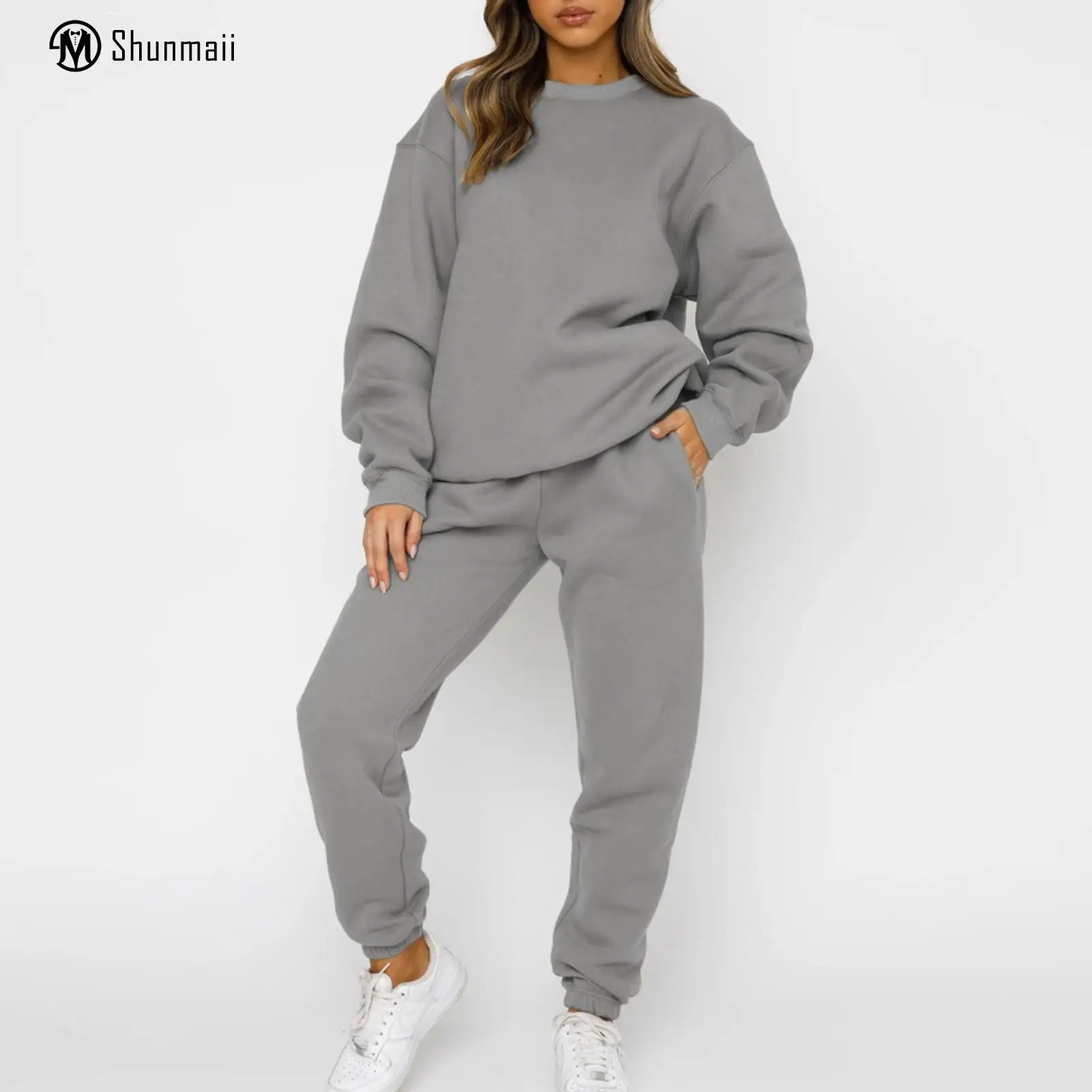 

Однотонный женский осенний комплект из 2 предметов, повседневный комплект из толстовки и брюк с высокой талией, комплект из 2 предметов, повседневный наряд с круглым вырезом и длинным рукавом