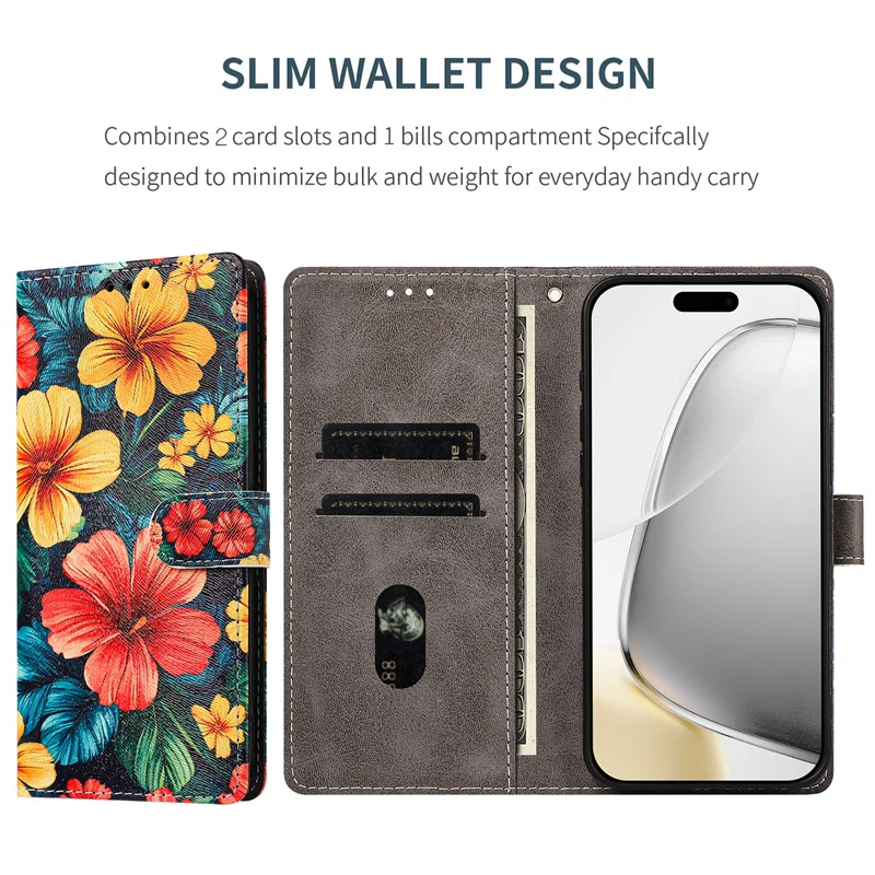 Фото Чехол-кошелек Redmi Note15 Pro+ для Xiaomi Redmi Note 15 14 13 12 11 Pro Plus 12s 11s 4G 5G, кожаный чехол с цветком гибискуса №2