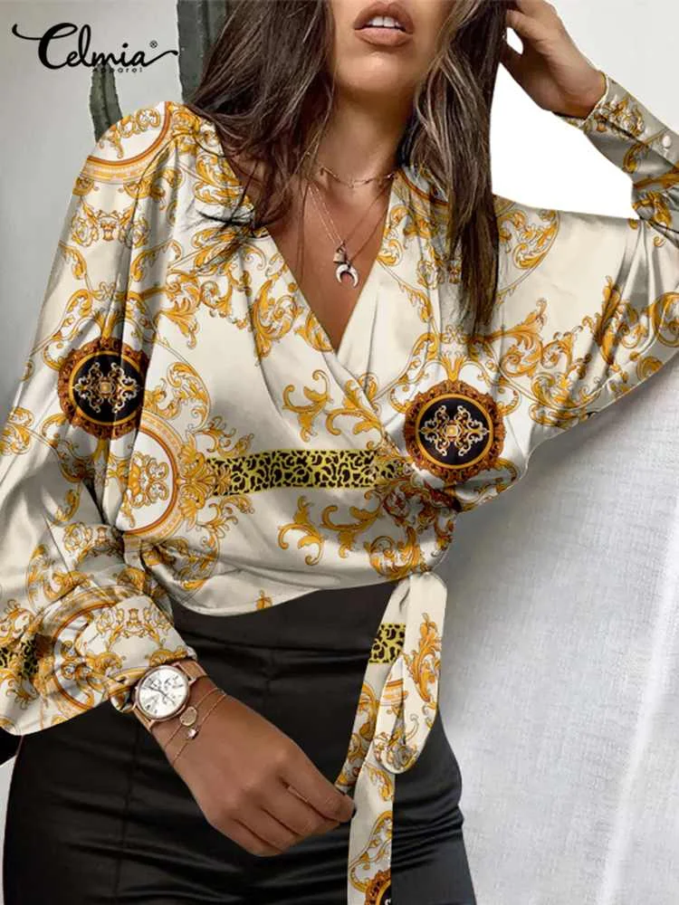 

Celmia Vintage V-neck Wrap Shirt Women Fashion Pritned Bandage Waisted Blouses 2022 Spring Autumn Lantern Sleeve Street Blusas