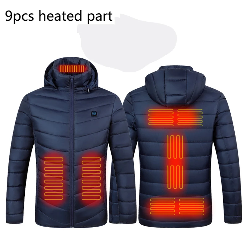 9pcs New Men Winter Warm USB Heating Jackets Smart Thermostat Pure Color Hooded Heated Clothing Waterproof Warm Jackets