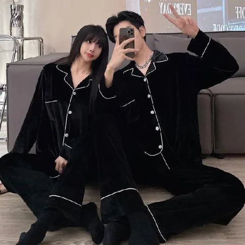 

Large Size 3XL-5XL Pajamas Pour Femme Sleepwear Velour Autumn New Home Clothes For Couple Lapel Nightwear Button-down Pyjamas