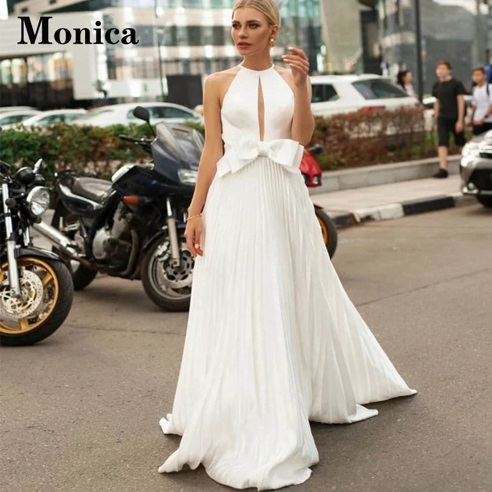 

MONICA Backless Satin Wedding Dresses For Bride Halter Classic Sleeveless A-Line Court Train Bow Robe De Soirée De Mariage