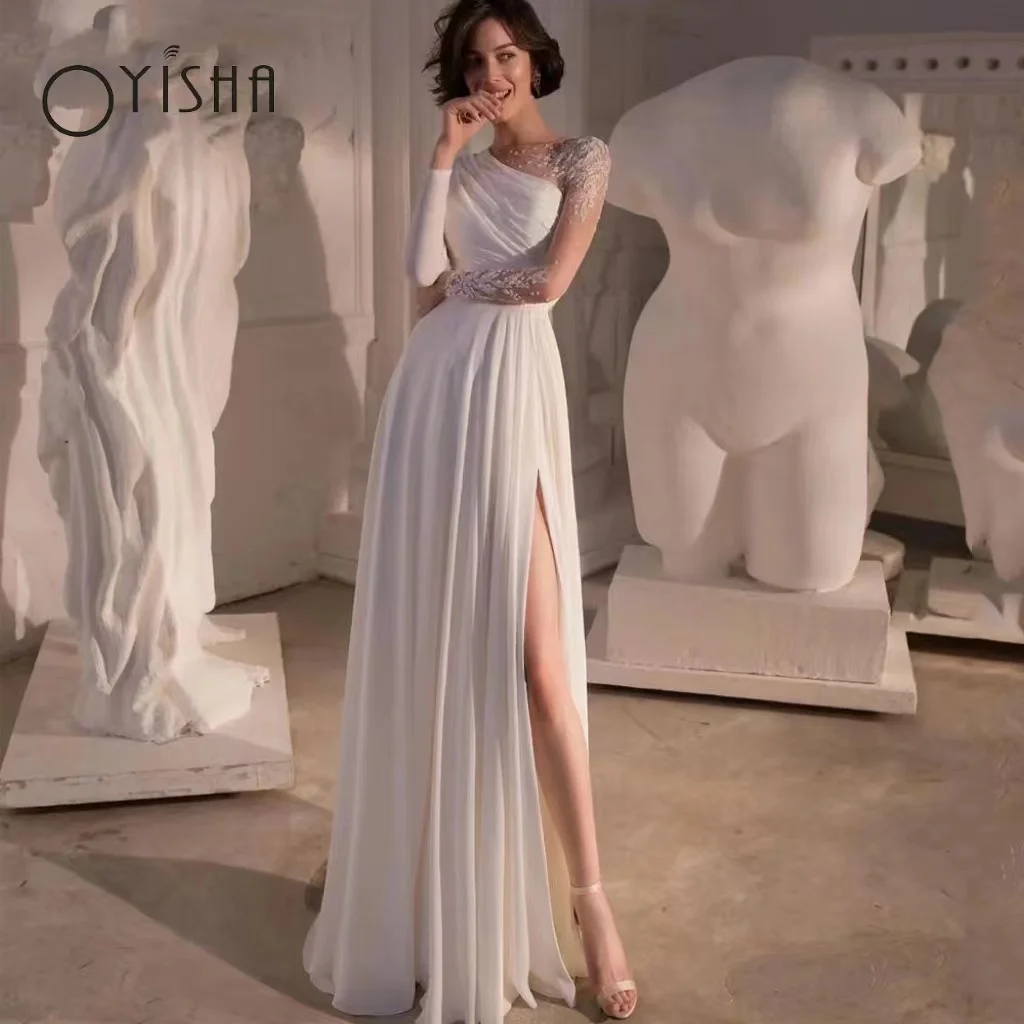 

OYISHA Modern One Shoulder A-Line Wedding Dresses 2023 O-Neck Side Split Lace Appliques Bridal Gowns Robe De Mariée Custom Made