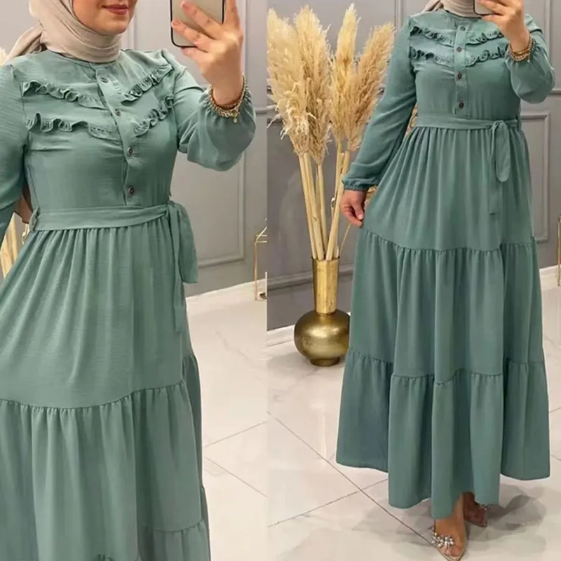 Turkey Pleated Muslim Women Eid Ramadan Abaya Long Maxi Dress Dubai Kaftan Evening Party Gown Islamic Robe Clothing Solid Color