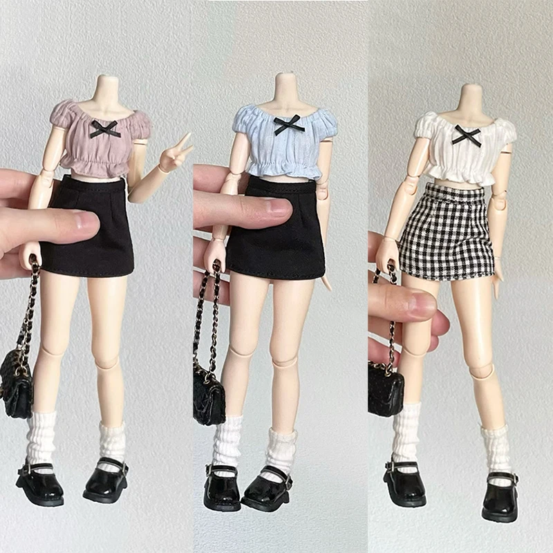 DLBell Fashion Blythe Одежда Топ с открытыми плечами и бантом мини-короткая юбка в клетку