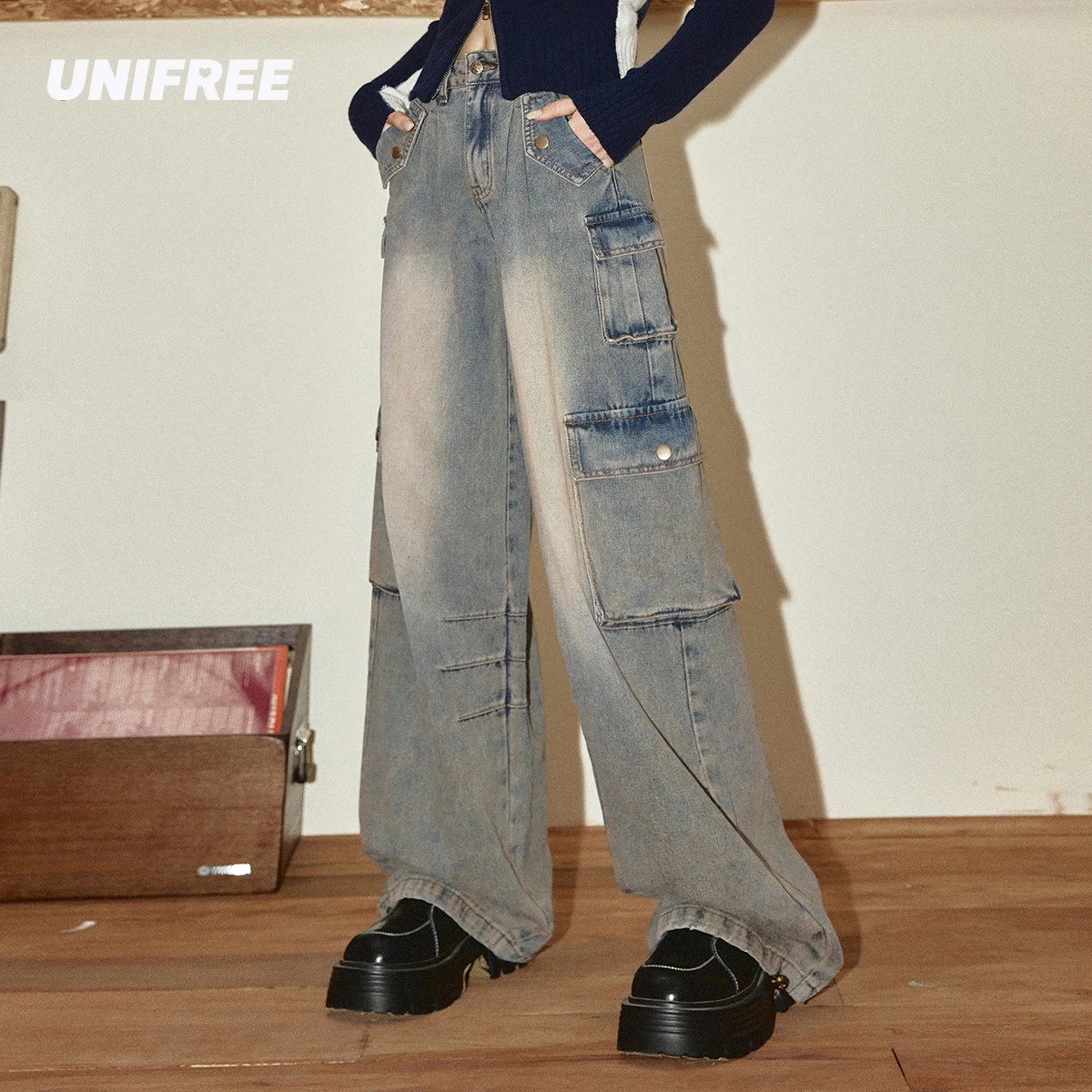 

UNIFREE Vintage Wash Jeans for Women Pocket Panels High Waist Women Cargo Pants High Street y2k Baggy Jeans Pants