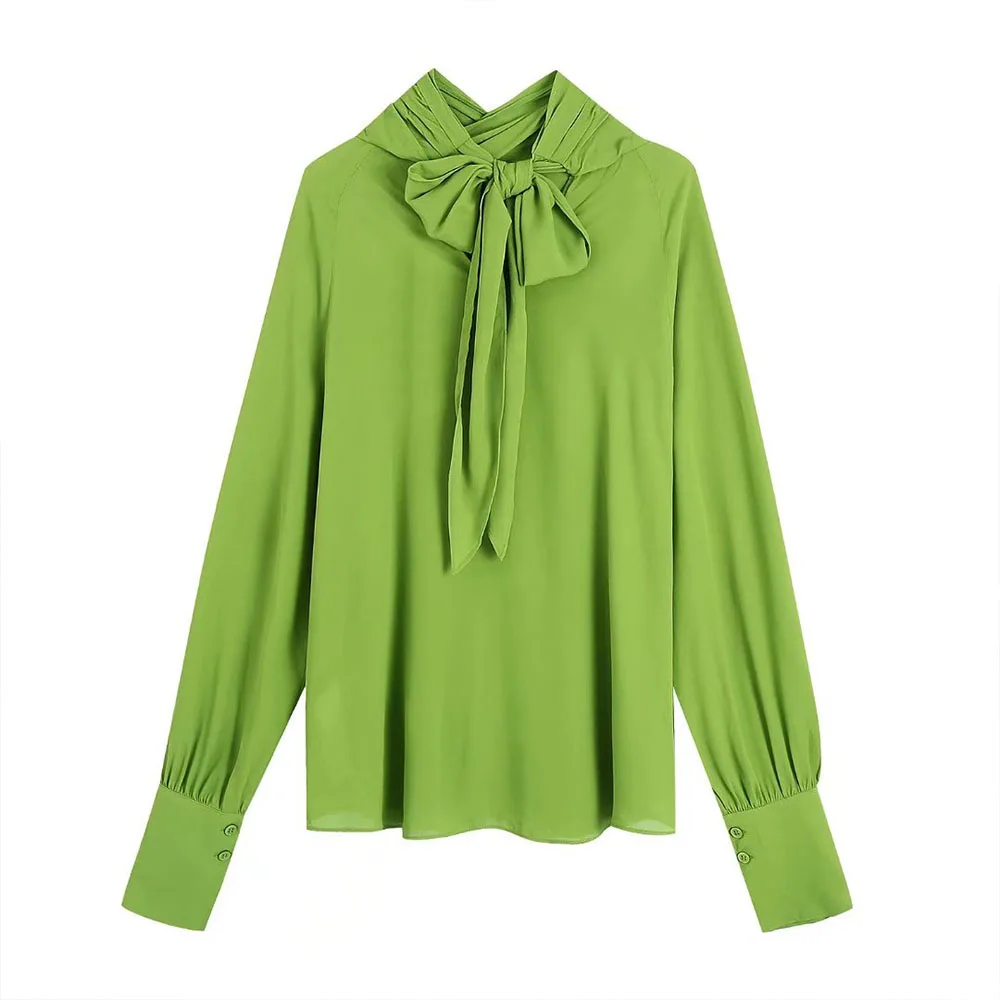 

DiYiG WOMAN 2022 Spring New Fashion Green Bow Blouse Retro Casual Round Neck Long Sleeve Pleated Decor Chic Ladies Top