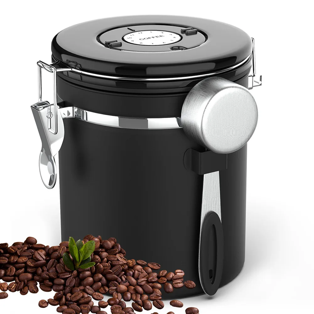 

Sealed Stainless Steel Jar Airtight Storage Container Canister With Scoop Exhaust Valve For Coffee Bean Tea Dried Nut Keep Fresh