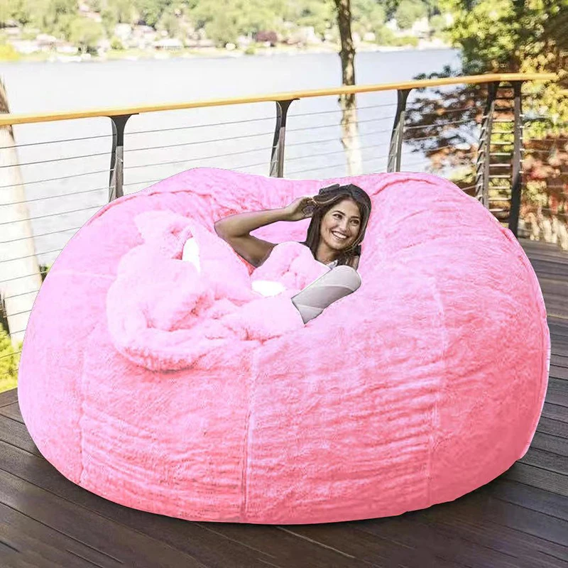 5ft Giant Fur Bean Bag Cover Living Room Furniture Big Round Soft Fluffy Faux Fur BeanBag Lazy Sofa Bed Coat Without Fillings images - 6