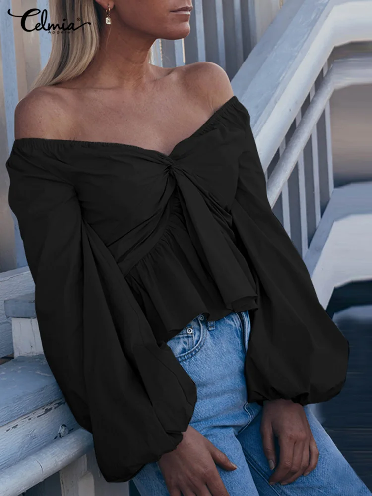 

Celmia 2022 Women Ruffles Pleated Short Tops Spring Twisted Off Shoulder Shirt Sexy Puff Long Sleeve V-neck Blouses Streetwear