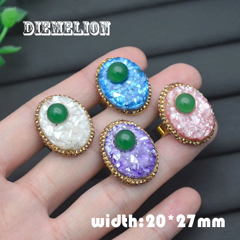 

Trendy Colorful Oval Shape Natural Mother of Pearl Shell Rings for Women Pave CZ Beads Gold Plated Open Adjustable Large Ring
