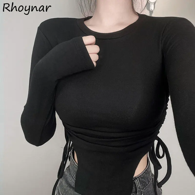 

Футболки женские бандажные пикантные однотонные обтягивающие с длинным рукавом простая одежда женская в эстетике Харадзюку Модные женские универсальные стильные