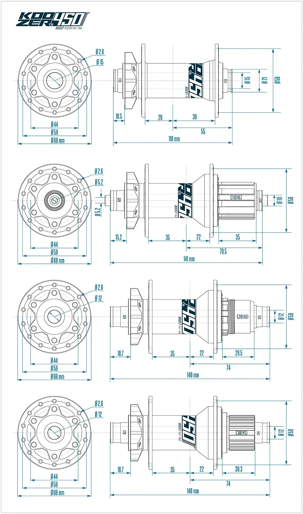 Koozer 450 28H 32 отверстия Boost HG 8 9 10 11s 12s CR-MO Стальная ось 5x141 QR 15x110 12x148 мм THRU Запчасти для