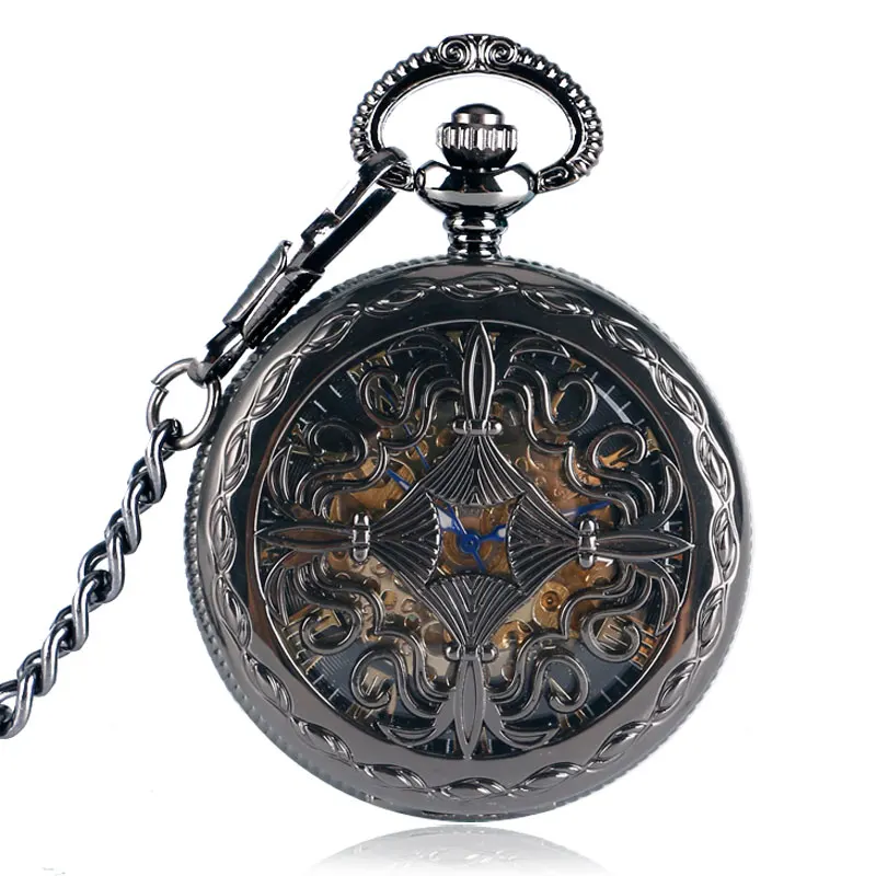 

Trendy Gothic Grilles Flower Case Luxury Nurse Steampunk Skeleton Automatic Mechanical Gift Pocket Watch Chain Reloj de bolsillo