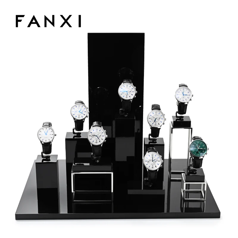 Oirlv Fashion Black Metal Watch Display Props Set Watch Display Stands with Microfiber Jewelry Organizer Stands for Shop Cabinet