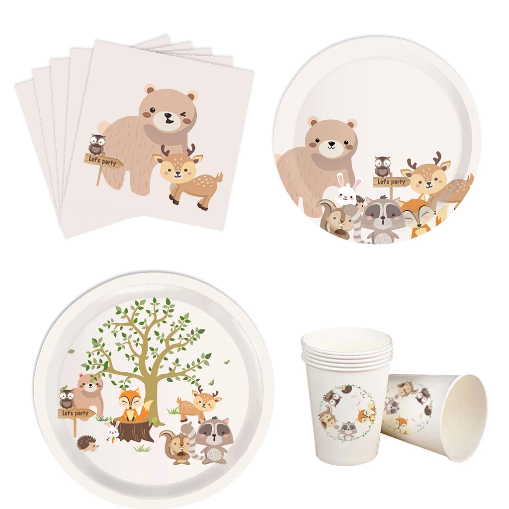 

Woodland Animal Disposable Tableware Wild Forest Bear Fox Plate Cup Napkin Jungle Safari Happy Birthday Party Decor Kid Boy Girl