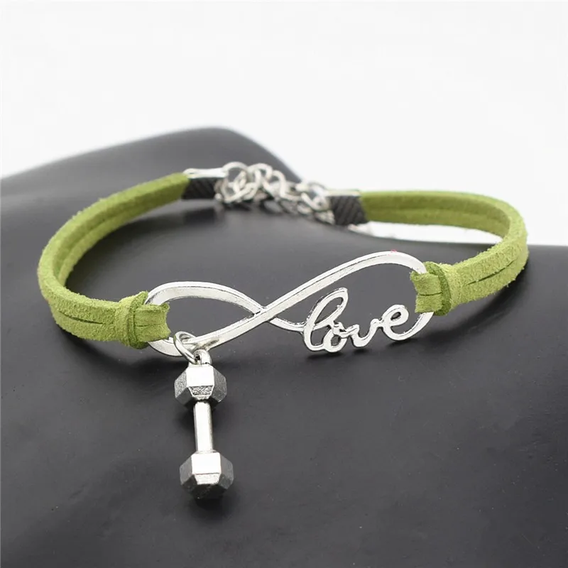 

Romantic Green Leather Rope DIY Wrap Charm Bracelets Infinity Love Dumbbel Pendant Bangles for Men Women Jewelry Christmas Gifts
