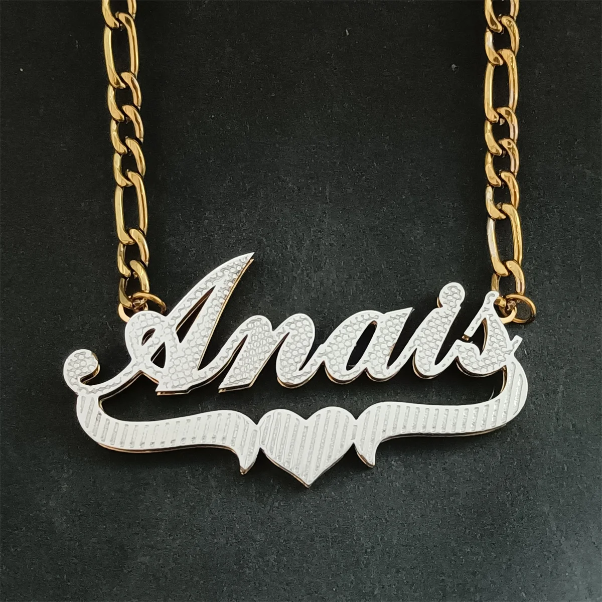 

VishowCo Customized Name Heart Necklace Stainless Steel Figaro Chain Personalized Name Charm 3D Double Nameplate Jewelry Gift