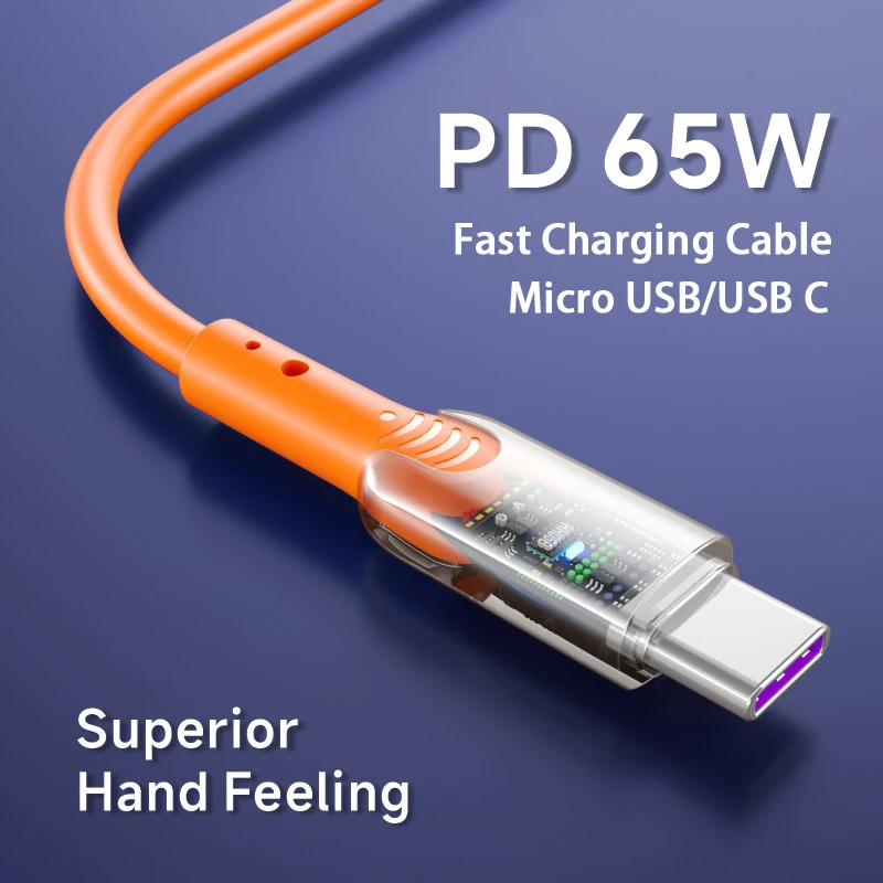 

65W Type C Cable Fast Charging For Huawei Xiaomi Samgsung Android Transparent Micro USB Wire USB-C to USB-C Phone Data Cord