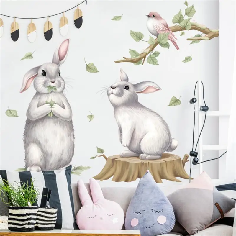 

Cartoon Bunny On The Tree Stump Wall Stickers Cute Art DIY Mural With Birds Branches Waterproof Wall Decals For Kids Room Decor