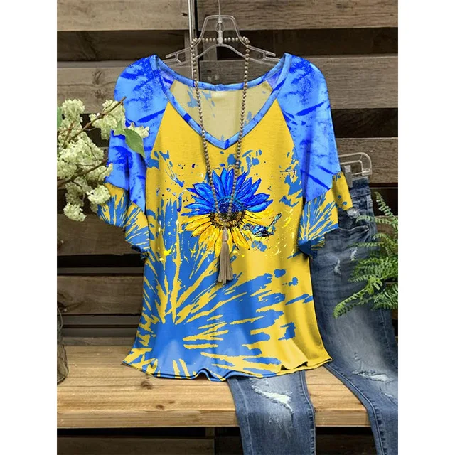 

Женские летние топы, 3D футболка, свободная футболка с оборками и V-образным вырезом, Повседневная футболка с коротким рукавом, летняя улична...