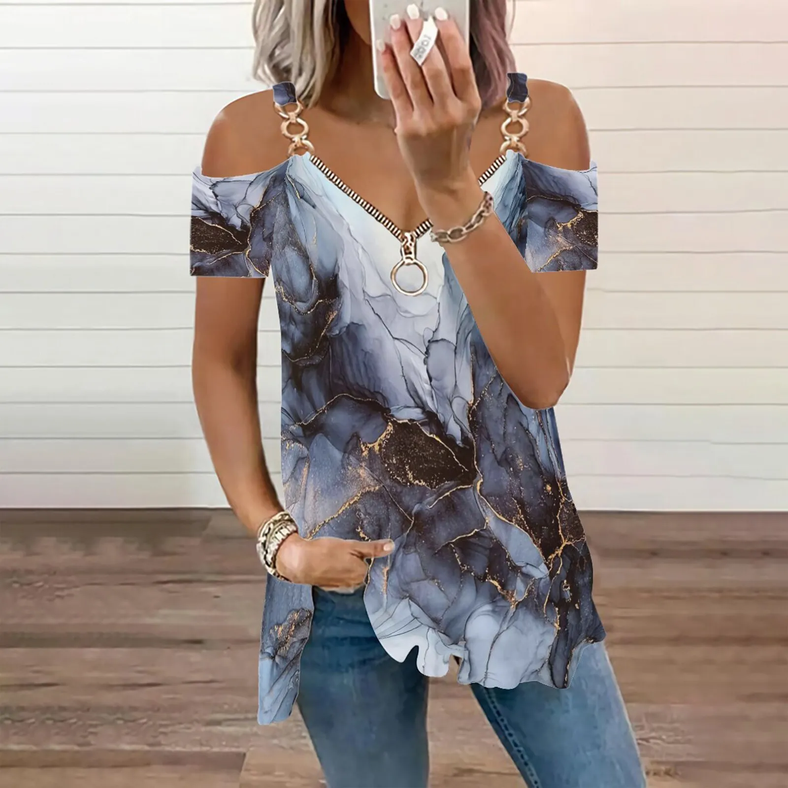 

Tee Shirts Girls Womens Casual Short Sleeve V Neck Zipper Up Tie Dye Patterns T Shirt School Shirt for Women Womens Top Loose