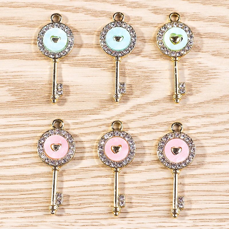 

10pcs 13*32mm Cute Enamel Crystal Key Charms for Jewelry Making Women Fashion Drop Earrings Pendants Necklaces DIY Keychain Gift