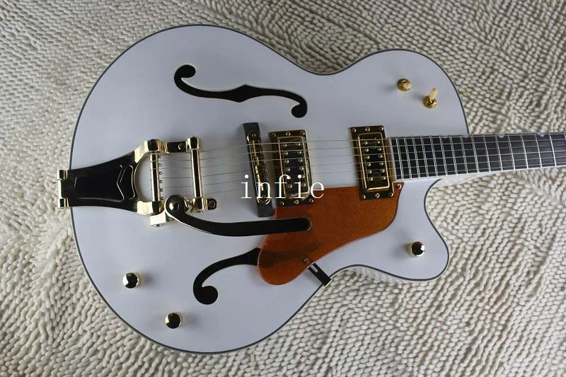 

Factory Custom White Semi Hollow Body Jazz Tuners Electric Guitar With Bigsby Tremolo