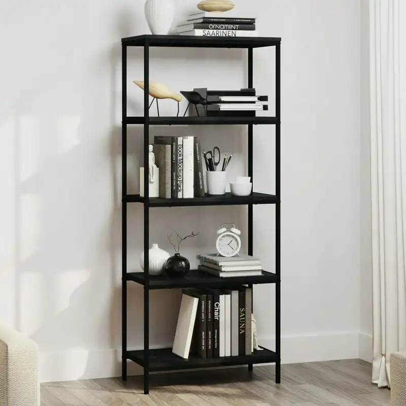

5-Tier Bookshelf - Open Industrial Style Etagere Wooden Shelving Unit - Rustic Decoration for Storage and Display by (Black Woo