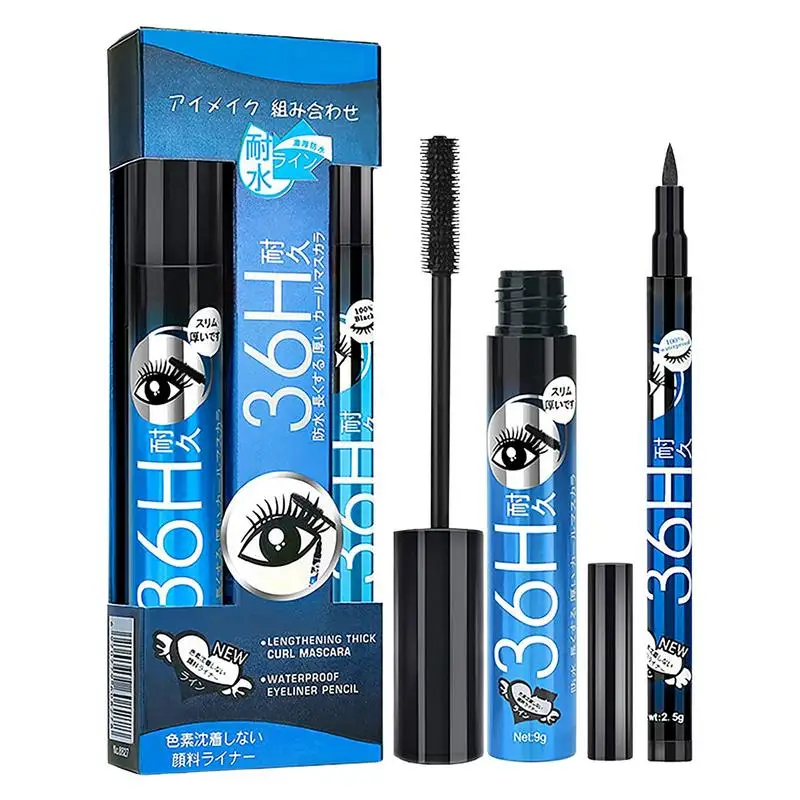 

4D Fiber Mascara & Eyeliner Set 2 In 1 Mascara Eyeliner Pencil 36H Long-lasting Smudge-Proof Liquid Eyeliner Pencil Mascara