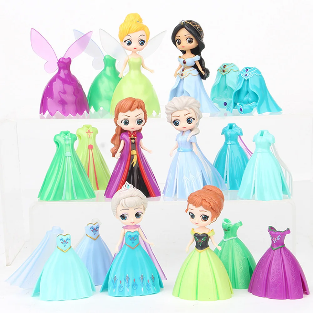 18Pcs/Set Disney Princess Frozen Elsa Queen Anna Tinker Bell Jasmine Change Clothes Figures  PVC Action Model Toys Doll Gifts